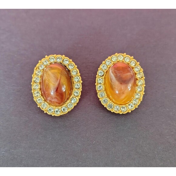 Vintage Clip On Oval Earrings Gold Tone Faux Agate Glass Rhinestone Made in USA - Picture 8 of 11